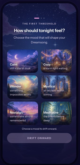 Dreamsong onboarding: How should tonight feel? Six mood choices