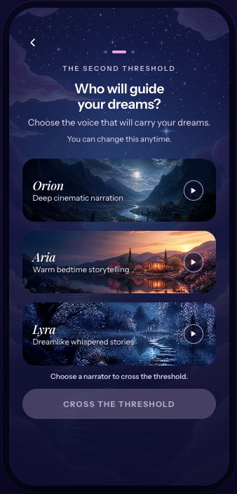 Dreamsong onboarding: Who will guide your dreams? Orion, Aria and Lyra