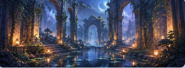 Moonlit ruins with lanterns