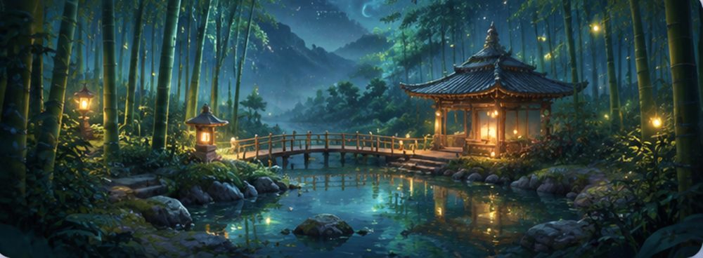 A lantern-lit garden pavilion beside still water under a crescent moon