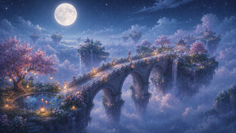 Floating islands drifting through a starlit sky