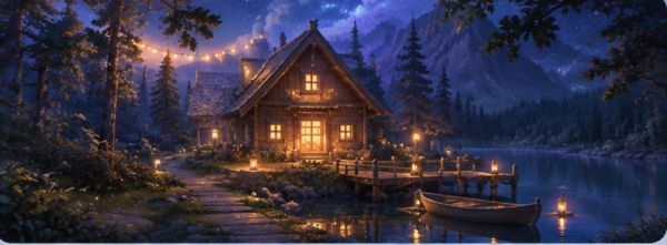A warm lit cabin by a forest lake