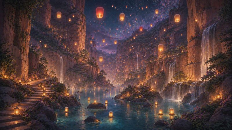 Lanterns rising over a canyon of waterfalls