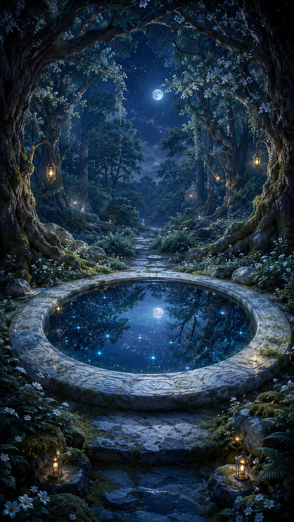 The Moon Pool: a carved stone pool reflecting the full moon in a lantern-lit forest