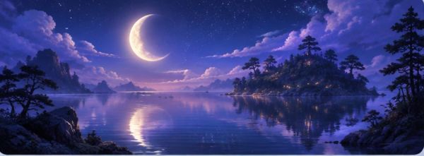 A crescent moon over a still lake