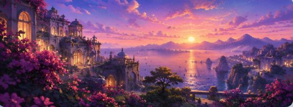 A pink sunset over a tropical shore